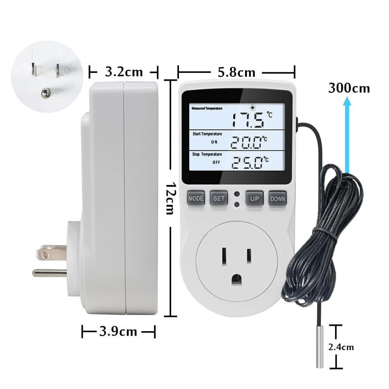 [Australia - AusPower] - KT3100BL Digital Temperature Controller Outlet Socket VA LCD Display Plug in Thermostat 15A 120V Output with Blue Backlight 3m Temperature Sensor KT3100BL Blue backlight 