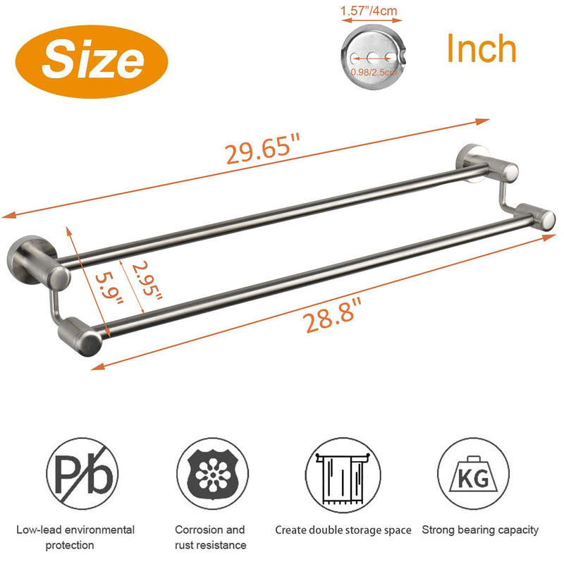 TocTen Double Bath Towel Bar - Thicken SUS304 Stainless Steel Towel Rack for Bathroom, Bathroom Accessories Double Towel Rod Heavy Duty Wall Mounted Towel Holder (Brushed, 30IN) Brushed Nickel Round 30 Inch