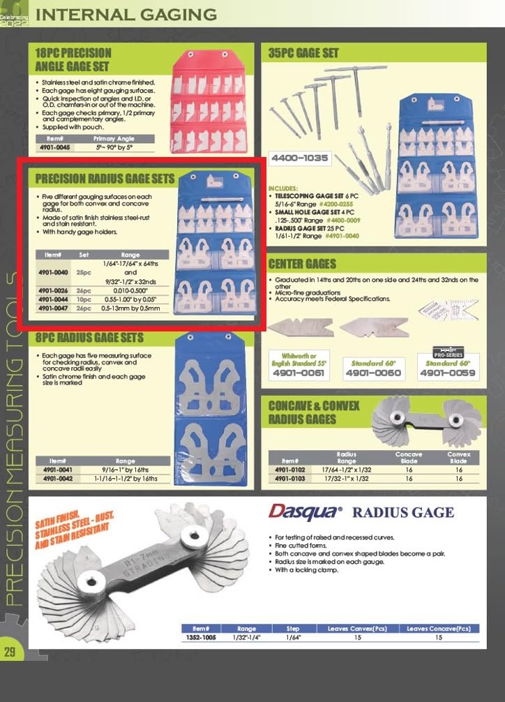 [Australia - AusPower] - HHIP 4901-0040 25 Piece Radius Gage Set in Plastic Case 25 Piece, 1/64"-17/64" x 64ths and 9/32"-1/2" x 32nds 