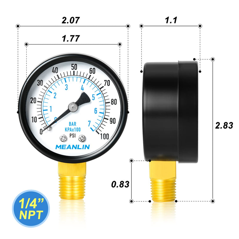 [Australia - AusPower] - MEANLIN MEASURE 0-100Psi 2" DIAL FACE 1/4" NPT Well Pump Pressure Gauge, with 1/4" x 1/2" NPT and 1/4" x 3/8" NPT Hex Bushing, 3-2-3% Accuracy,Lower Mount 1/4"NPT Lower Mount 
