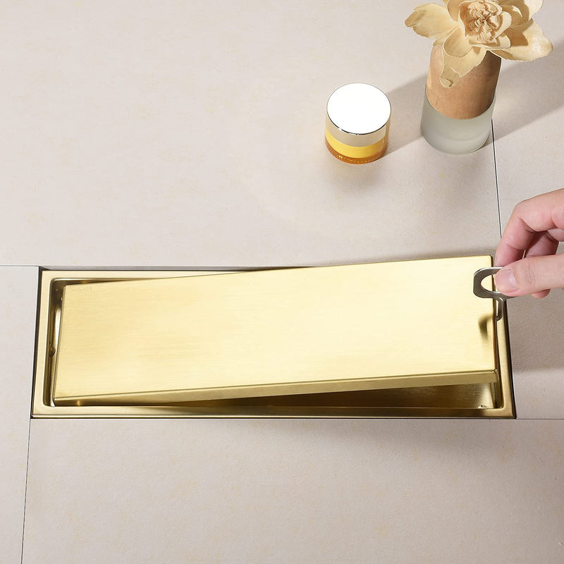 Linear Shower Drain Pipe 12 Inches Brushed Gold, with Tile Insert Grille, Detachable Hidden Cover, SUS304 Stainless Steel Rectangular Floor Drain