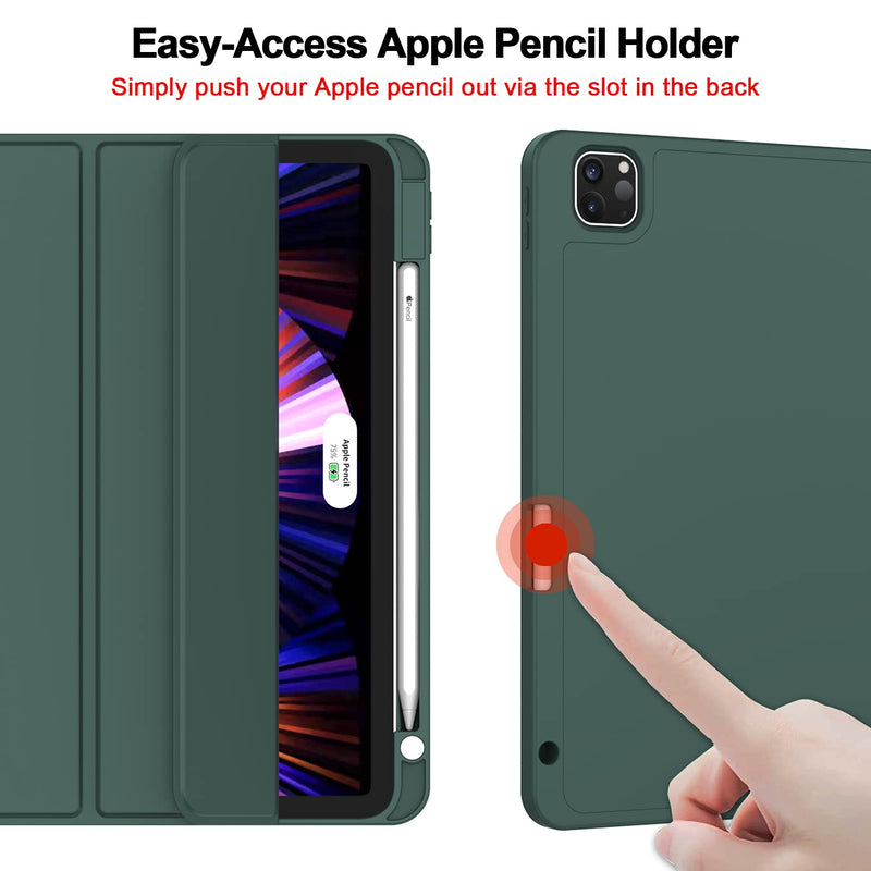 [Australia - AusPower] - ZryXal New iPad Pro 11 Inch Case 2022(4th Gen)/2021(3rd Gen)/2020(2nd Gen) with Pencil Holder, Smart iPad Case [Support Touch ID and Auto Wake/Sleep] with Auto 2nd Gen Pencil Charging (Midnight Green) Midnight Green 
