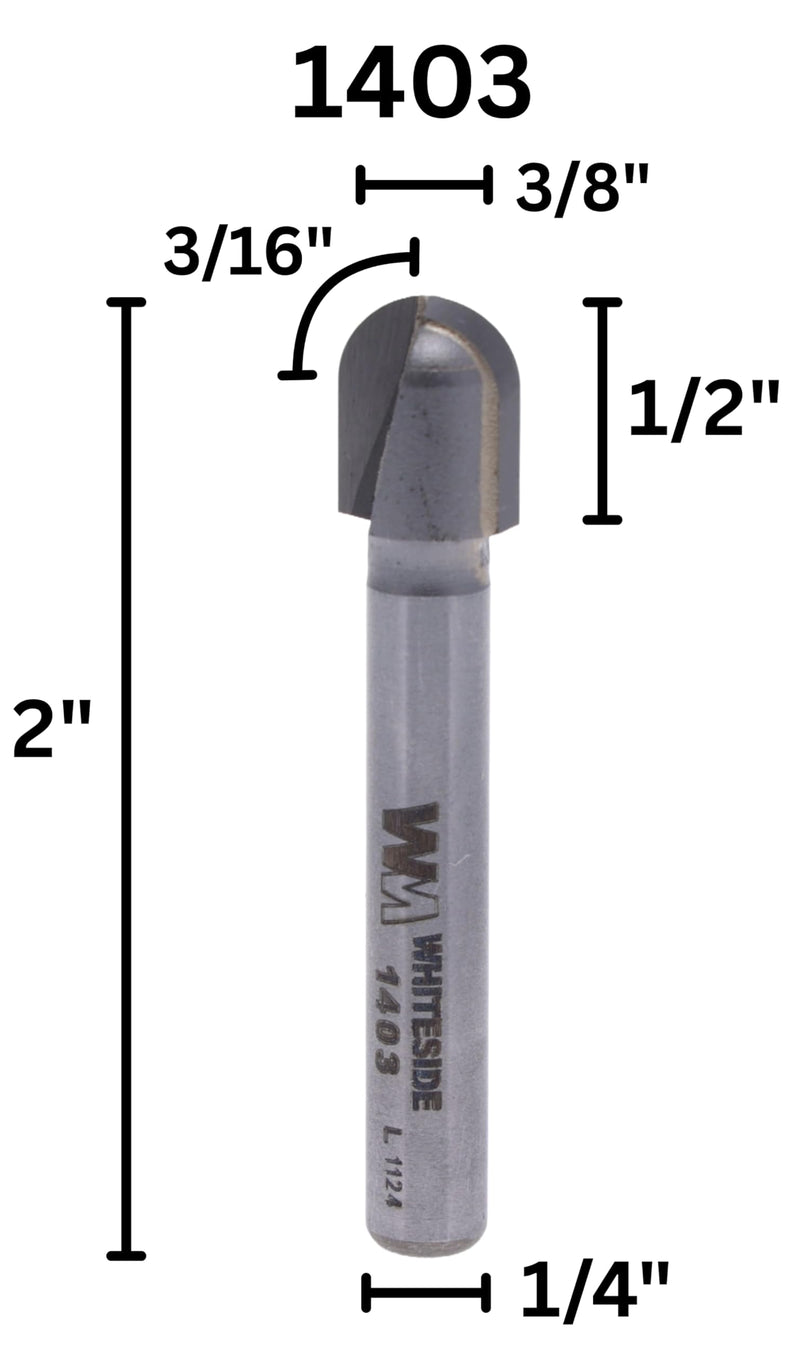 Whiteside Router Bits 1403 Round Nose Bit with 3/16-Inch Radius 3/8-Inch Cutting Diameter and 1/2-Inch Cutting Length