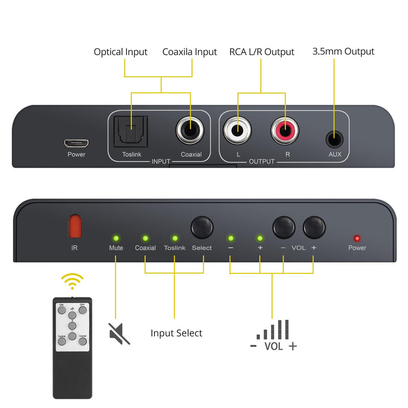 [Australia - AusPower] - PROZOR 192KHz Digital to Analog Audio Converter Digital Toslink Coaxial SPDIF Optical Input RCA 3.5mm Output Converter with Volume Adjustable Remote Control 192kHz DAC One Input with IR Control 