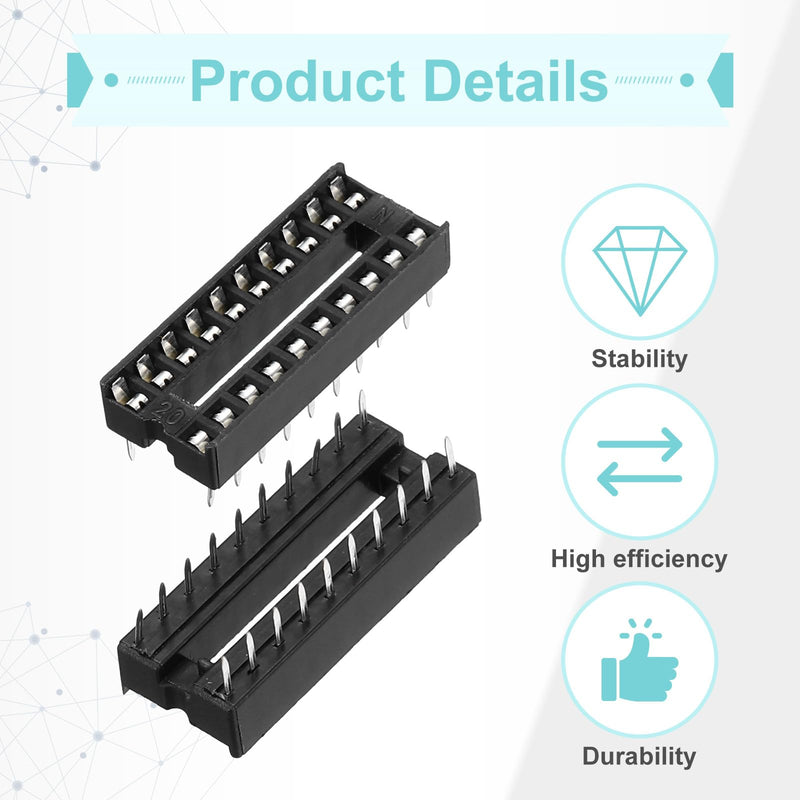 QUARKZMAN DIP IC Socket 20-Pin Dip IC Sockets Black Pack of 40 | 2.54 mm pitch flat pin chip connector adapter, for breadboard project PCB board design, 2.54 mm pitch