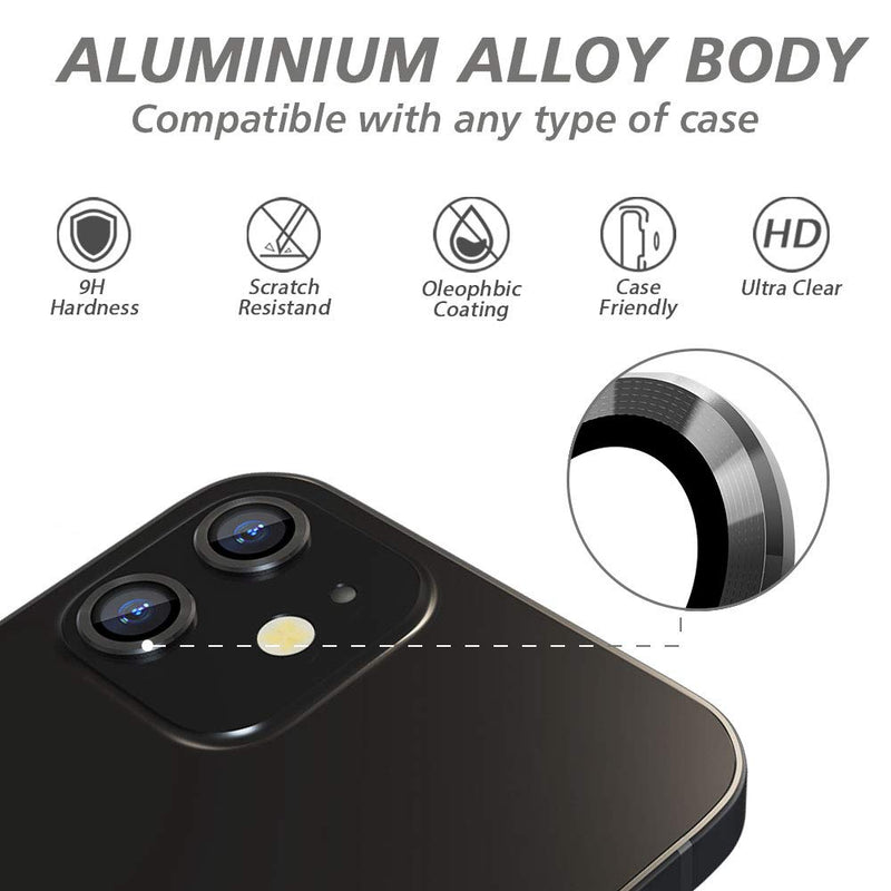 [Australia - AusPower] - Camera Lens Protector for iphone 12/12 Mini / 11, Tempered Glass Film, Aluminum Alloy Screen Cover, 2 Pack Black, with Cleaning Kit 