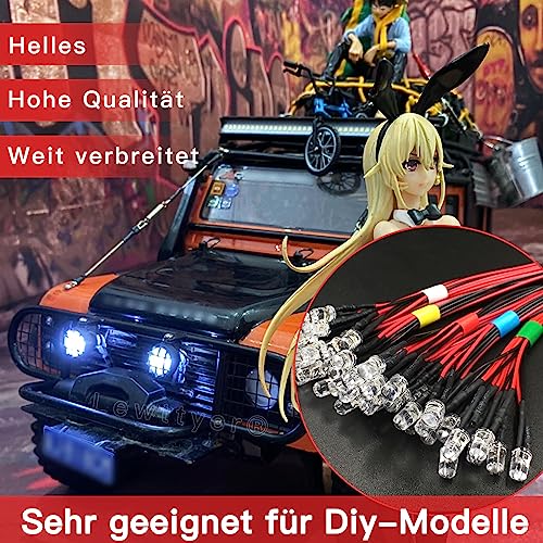 Pack of 50 Pre-Wired Mini LED Light Emitting Diodes 5mm DC 12V Set, LED Diode Model Making Lighting Multicolored White, Red, Blue, Green, Yellow Lewttyer