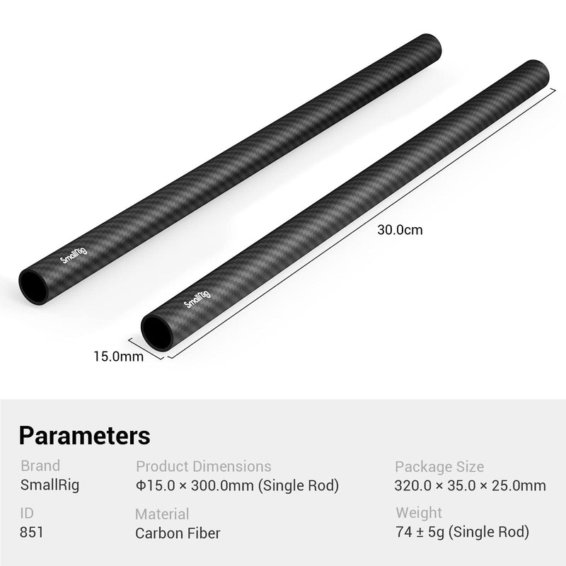 [Australia - AusPower] - SmallRig 15mm Carbon Fiber Rod for 15mm Rod Support System (Non-Thread), 12 inches Long, Pack of 2-851 Carbon Fiber Rod - 12" 