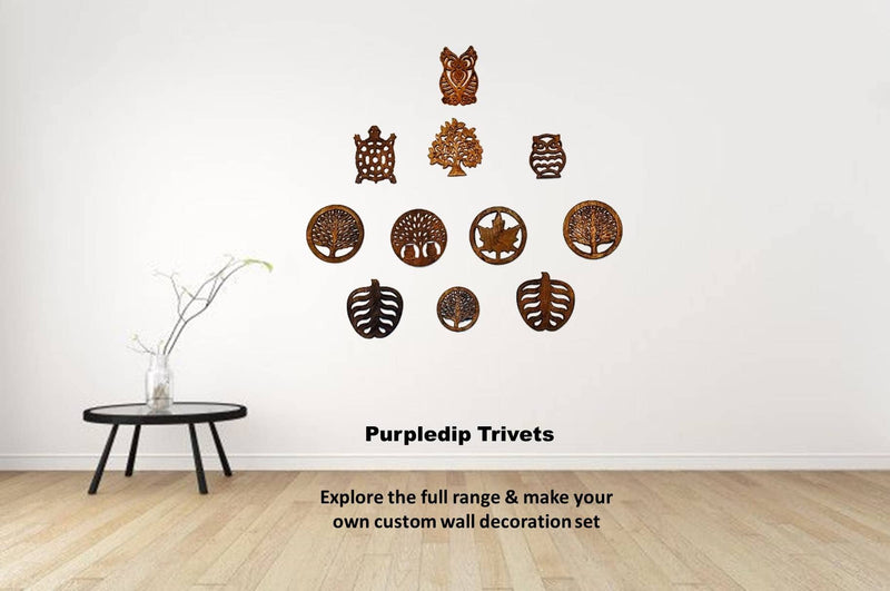 Purpledip Wooden Trivet 'Night Forest' Coaster Hot Pad Mat for Dining Table, Kitchen (11419) Owls on a tree