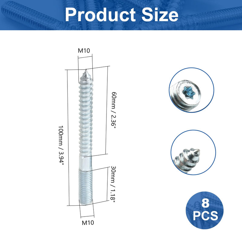 MroMax 8Pcs M10x100mm Double Headed Hanger Bolts, 3.94 inch Length Self Tapping Screw, Extra Long, Zinc Plated Carbon Steel Machine Screws for Wood Joint Furniture Legs M10 x 100mm 8