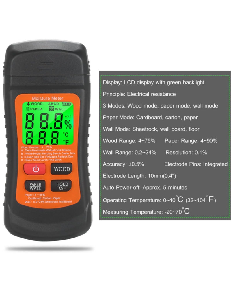 [Australia - AusPower] - Moisture Meter for Wood, Wall, Paper, with Backlight LCD Display, 7 Modes, Pin-Type Water Leak Detector 