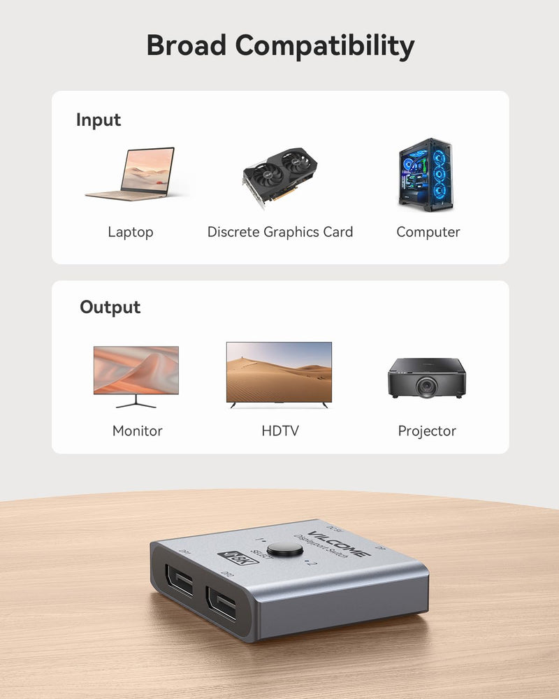 [Australia - AusPower] - Vilcome DisplayPort Switch 8K Splitter, Plug & Play, One-Button Switching, Bidirectional Display Port Switcher Box 2 in 1 Out/ 1 in 2 Out, 8K@60Hz, 4K@120Hz, 1080P@240Hz for PC Monitor Laptop (Gray) Gray 