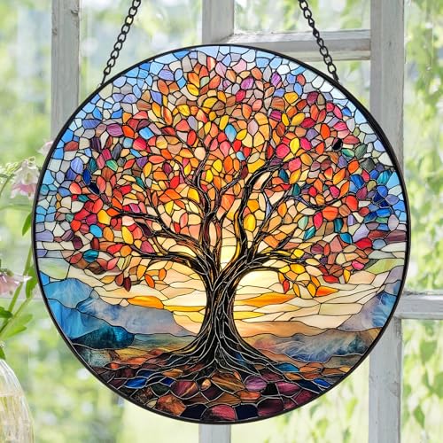 Stained Glass Tree of Life Suncatcher - 7.9" Real Glass Rainbow Mosaic Window Hanging, Weatherproof Spiritual Zen Decor, Vibrant Family Roots Housewarming Gift for Mom Grandma Women Yellow
