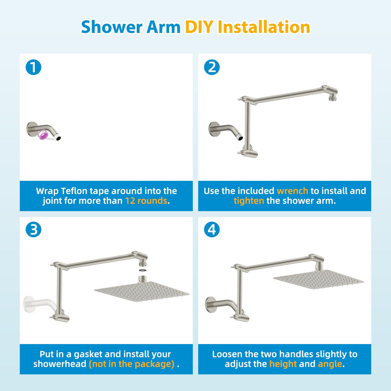 iFealClear All Metal 16" Shower Head Extension Arm, Solid Brass Shower Head Extender Adjustable Height Angle, G1/2 Universal Connection Stainless Steel Rain Showerhead Pipe, Lock Joint, Brushed Nickel 16 Inch