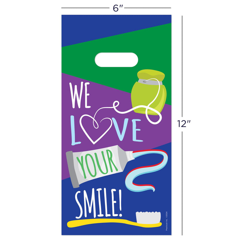 [Australia - AusPower] - Practicon We Love Your Smile 6" x 12" Dental Giveaway Bag, Dental Hygiene Patient Care Goodie Bag, Dentist Office Plastic Gift Bags, 100 Pack 6" x 12" 