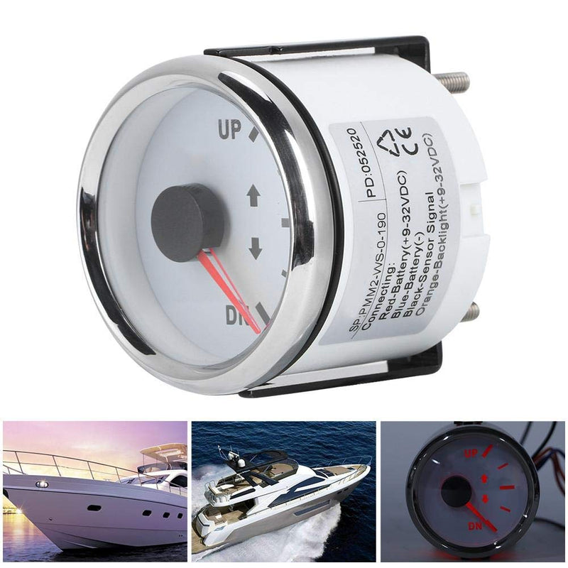 [Australia - AusPower] - Boat Trim Gauge, 52mm/2in Stainless Steel UP-DN Boat Trim Gauge 0-190ohm Trim Tilt Indicator Red Backlight (White Dial Silver Frame) White Dial Silver Frame 