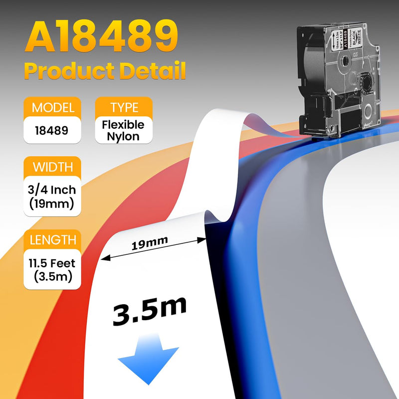 [Australia - AusPower] - Rhino Label Tape 3/4'' Replace for DYMO 18489 Industrial Flexible Nylon 19mm A18489 for DYMO Rhino 4200, 5200, 5000, 6000 Label Makers, 3/4'' x 11.5', 4-Pack, Black on White 