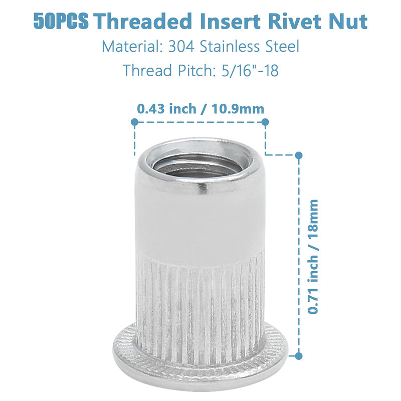 [Australia - AusPower] - 50PCS 5/16"-18 Stainless Steel Threaded Insert Rivet Nut, 5/16-18UNC Rivnuts Flat Head Rivets, Knurled Nutsert Screws Blind Nut 5/16"-18, 50 Pack 304 Stainless Steel 