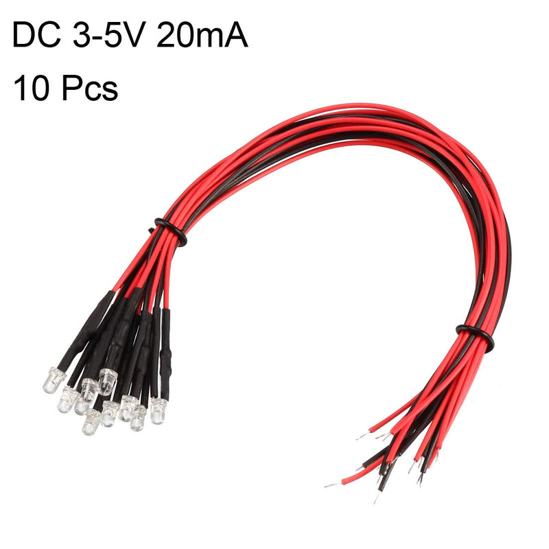 [Australia - AusPower] - uxcell 10Pcs 3mm Pre Wired LED, White DC3-5V Clear Lens, Light Emitting Diodes 