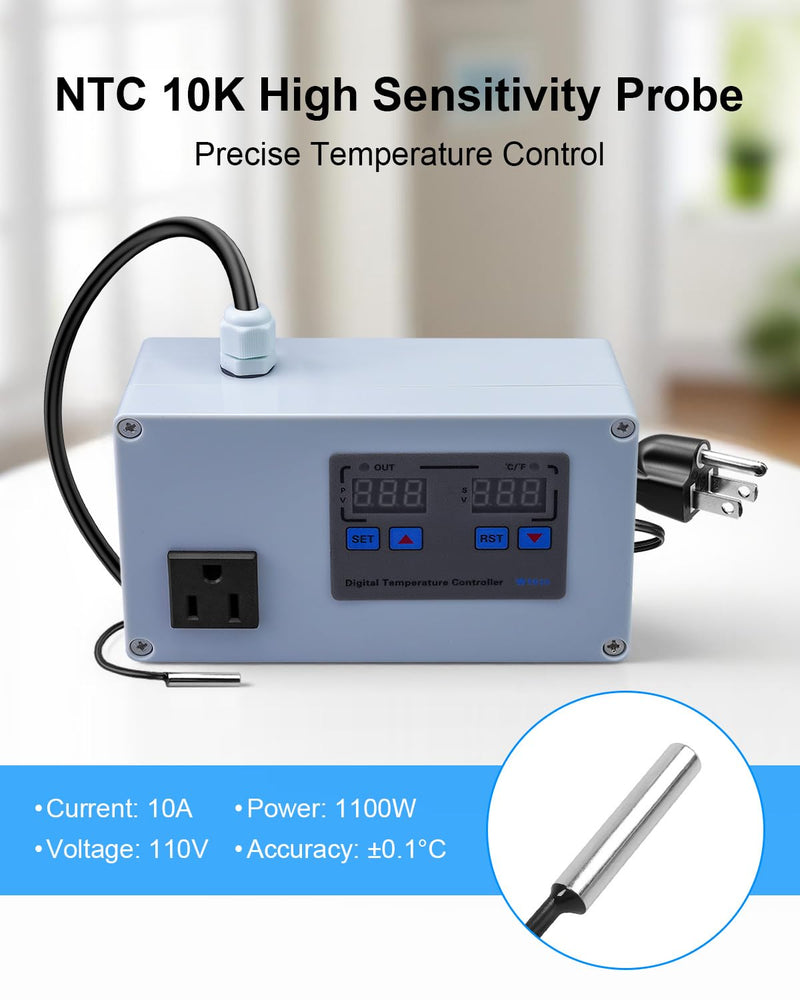 [Australia - AusPower] - 1100W Digital Temperature Controller, 110V 10A Thermostat Switch with Waterproof NTC 10K Sensor Probe, for Refrigerator Freezer Aquarium Heaters or Cooling Devices 