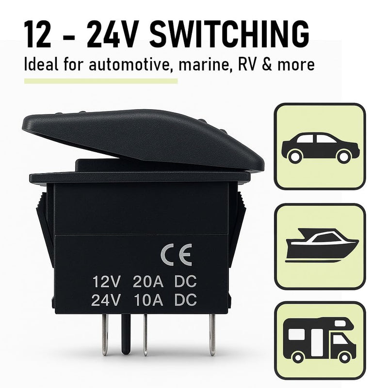 MGI SpeedWare 3-Pack Marine Rocker Switches with Illuminated LED, 20A 12vDC, SPST Latching ON/Off - Red