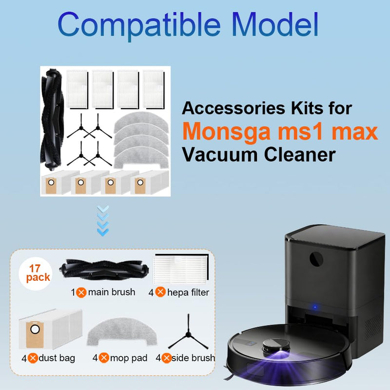 [Australia - AusPower] - Replacement Parts Accessories Compatible with MONSGA MS1 MAX Robot Vacuum Cleaner, Including 1 Main Brush, 4 Hepa Filters, 4 Mop Pads, 4 Edge-Sweeping Brushes, 4 Dust Bag 17Pc accessories 