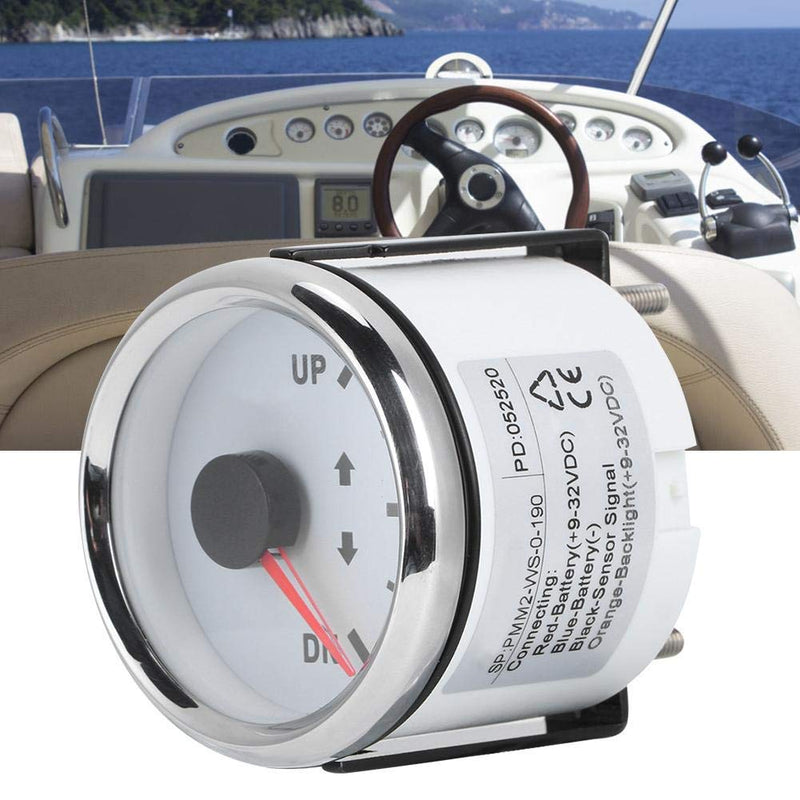 [Australia - AusPower] - Boat Trim Gauge, 52mm/2in Stainless Steel UP-DN Boat Trim Gauge 0-190ohm Trim Tilt Indicator Red Backlight (White Dial Silver Frame) White Dial Silver Frame 