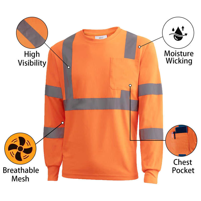 Class 2 High Visibility Shirts for Men Long Sleeve Work Shirts with Pockets Reflective Strips for Outdoor Work Large 3pcs Orange