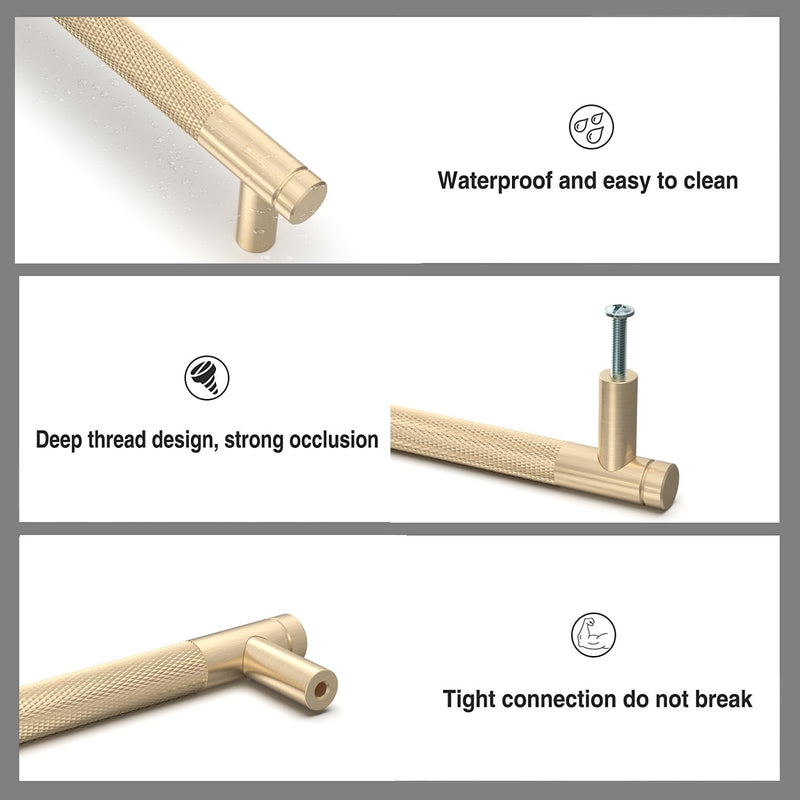 9BUILD 10 Pack Knurled Cabinet Pulls 3 Inch Brushed Brass Kitchen Cabinet Handles Cabinet Hardware Kitchen Handles for Cabinets Gold Drawer Pulls T Bar Drawer Handle 3"/76MM Hole Center