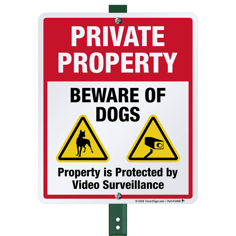SmartSign 12 x 10 inch “Private Property - Beware Of Dogs, Property Protected By Video Surveillance” Yard Sign with 3 foot Stake, 40 mil Laminated Rustproof Aluminum, Multicolor, Set of 1 Aluminum Sign with 3' Stake