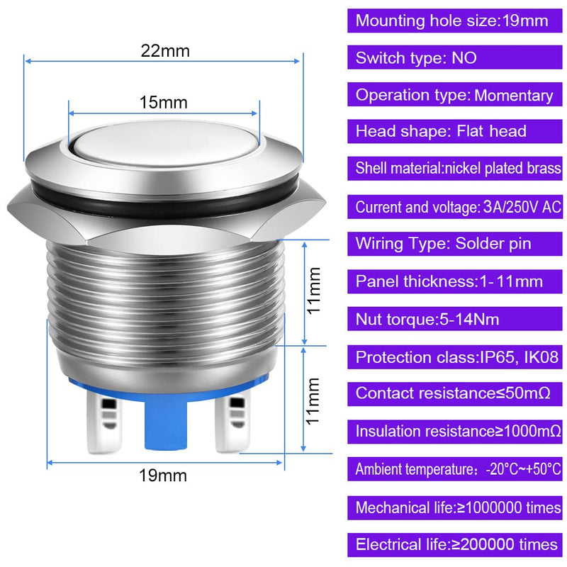 Gebildet 19 mm Flat Head SPST Momentary Push Button Waterproof, Self-Resetting Stainless Steel Push Button, Solder Pin Connections DC 6V/12V/36V/48V, AC 110V/230V 3A, 1NO 19 mm flat head, momentary