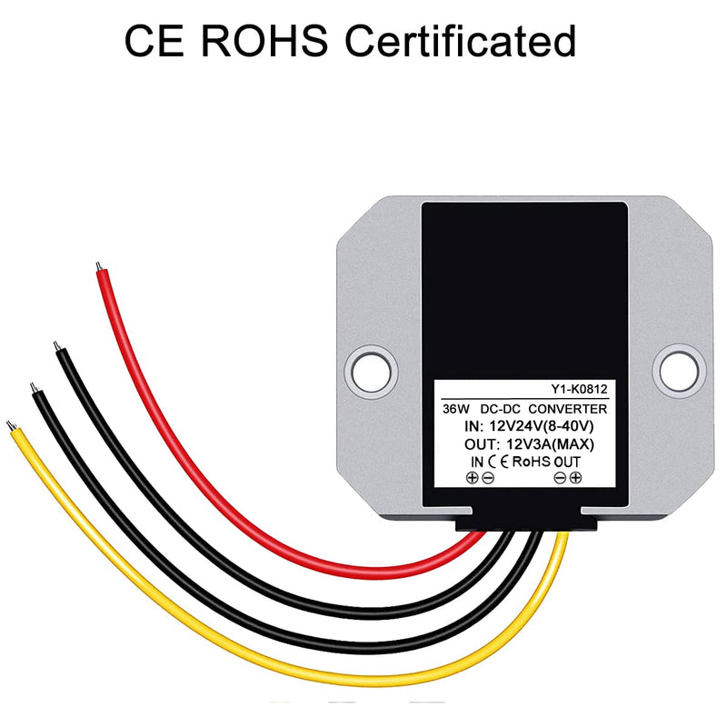 Greluma 1 x Waterproof DC-DC 12V Voltage Stabiliser DC 8V-40V to 12V 3A 36W Automatic Step-Down Voltage Regulator Power Converter