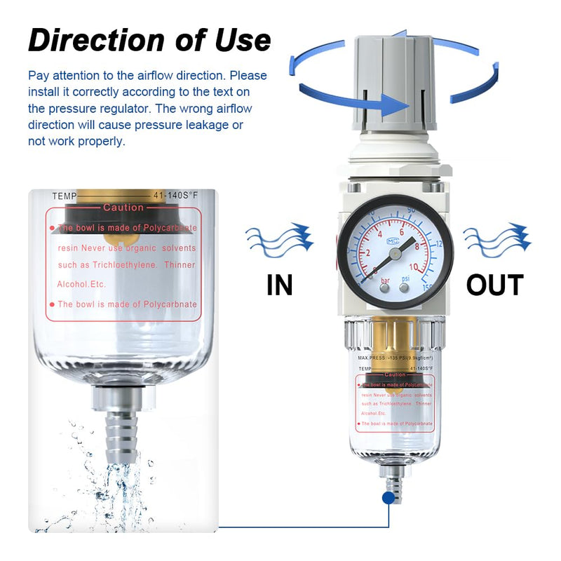 [Australia - AusPower] - 1/4"NPT Air Filter Regulator Combo Piggyback,5 Micron Brass Element, Semi-Auto Drain,Air Pressure Regulator AW2000-02,0-150 psi Gauge 1/4" NPT 