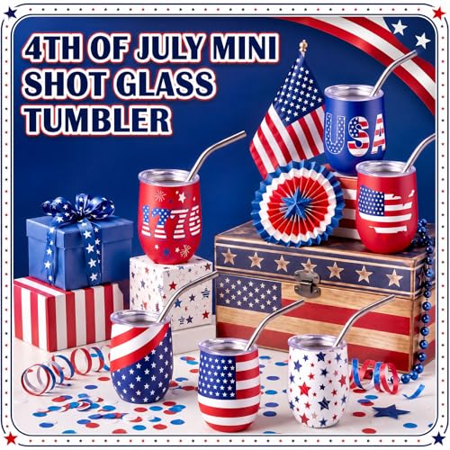 12 Pcs 4th of July Mini Shot Glasses 3 oz Patriotic Red White Blue USA Mini Tumblers with Lids and Straws Stainless Steel Insulated Cups for Independence Day Memorial Day Party Supplies