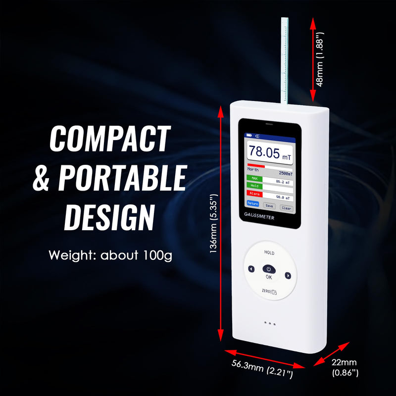[Australia - AusPower] - Digital Gauss Meter Tesla Meter, Professional Magnetic Field Tester with 0-25000 Gs (0-2500 mT) Range, HD Color Display Rechargeable N/S Pole Detection Data Storage for Magnets Motors & Industrial Use 