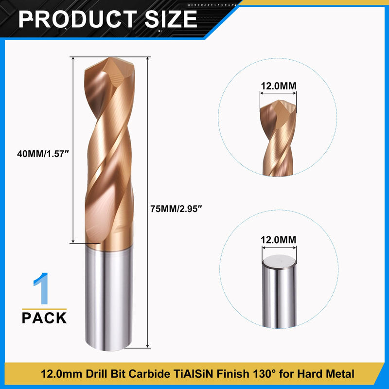 PATIKIL 12mm Drill Bit, Carbide Twist Jobber Bits Straight Shank 130° for Drilling Hard Metal Alloy Steel Stainless Steel Titanium Alloys - 1 Pack 12.0mm