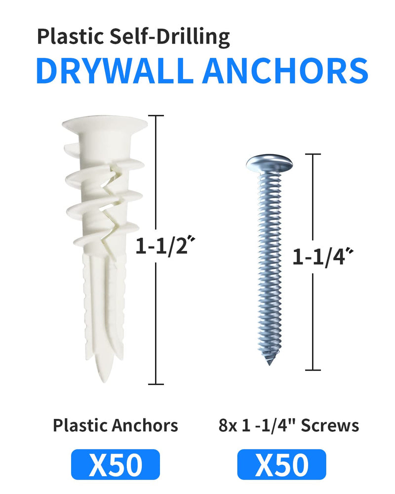 #8 Self Drilling Drywall Anchors Kit, 100 Pcs Wall Anchors and Screws for Drywall,50Pcs sheetrock anchors&50 Pcs 8 x 1-1/4'' Screws,No Pre Drill Hole Required-Up to 75lbs Nylon