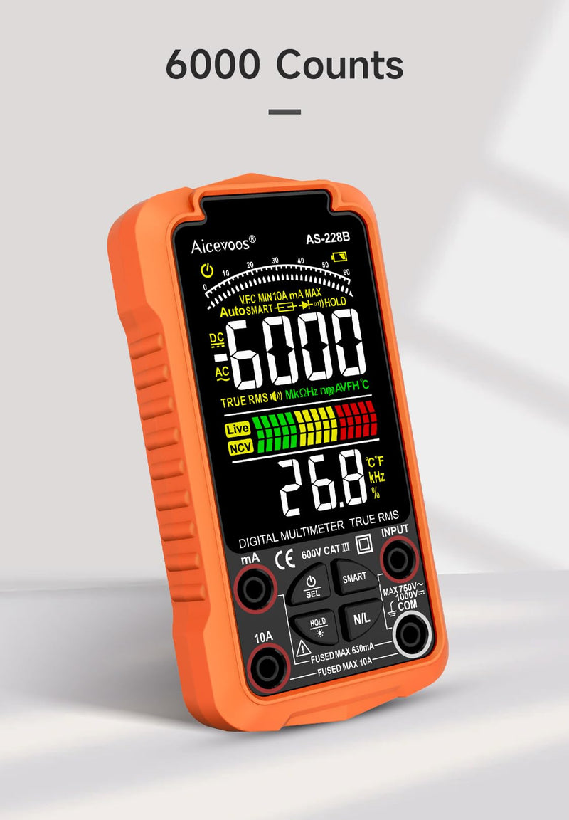 [Australia - AusPower] - AS-228B Smart Digital Multimeter, Auto-Ranging Volt Meter, TRMS 6000 Counts Voltage Tester Measures Voltage, Capacitance, Frequency, NCV, Ohm, Continuity, Diode, Live Wire for DIY 