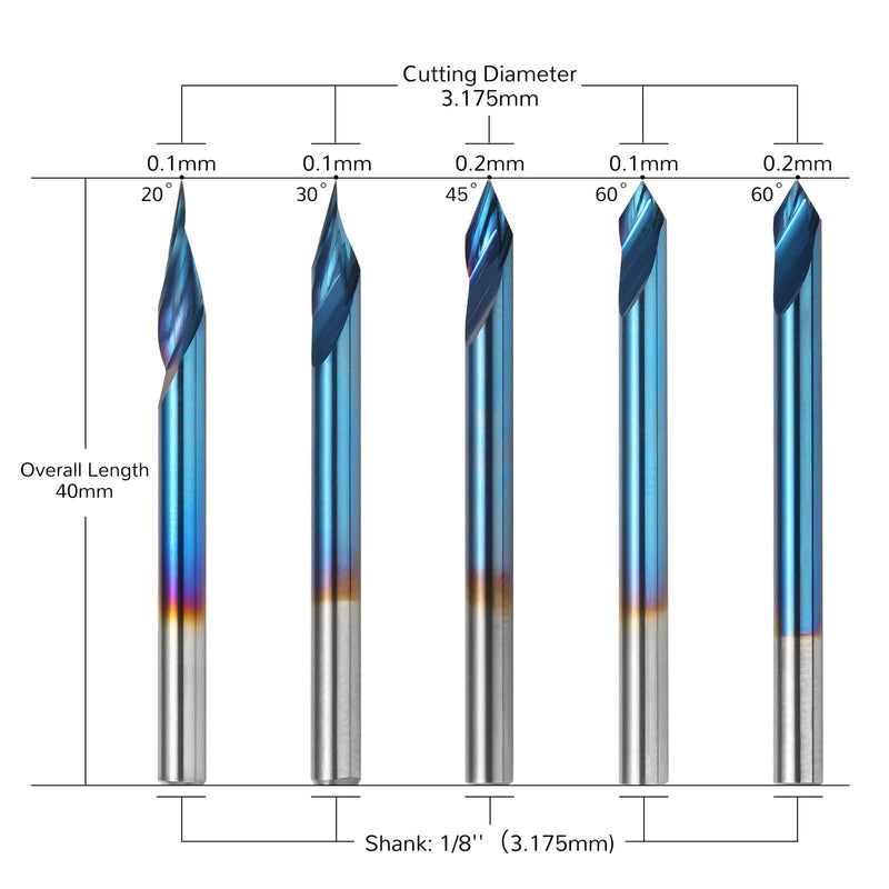 Genmitsu 5PCS V-Groove CNC Router Bits, Degree 20/30/45/60, 1/8'' Shank Nano Blue Coating End Mills, for Wood Carving Milling, VG05B