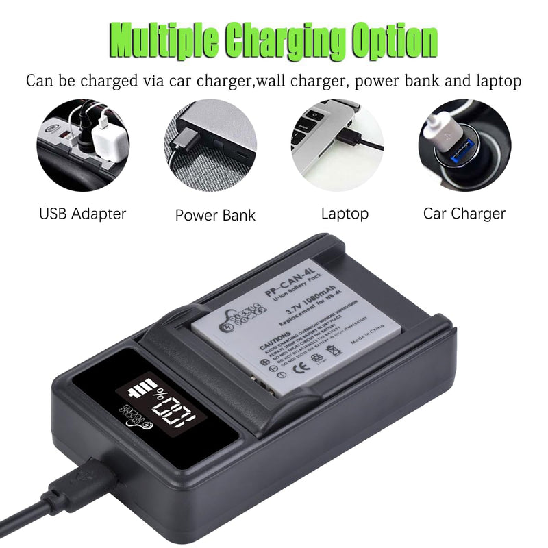 [Australia - AusPower] - Pickle Power NB-4L Battery and LED Display Charger for Canon PowerShot ELPH 100 HS 300 HS 330 HS 310 HS SD1000 SD1100 is SD1400 is SD200 SD30 SD300 SD40 SD400 SD600 SD750 2 battery +LED display charger 