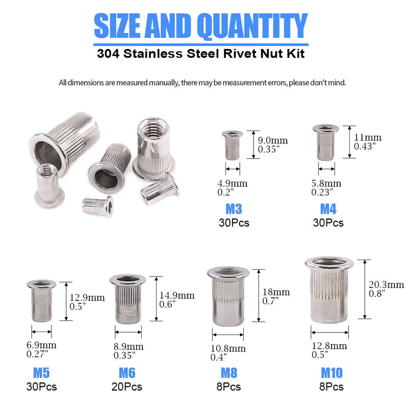 Glarks 126Pcs 304 Stainless Steel M3 M4 M5 M6 M8 M10 Flat Head Threaded Rivetnut Insert Nutsert Rivet Nut Assortment Kit