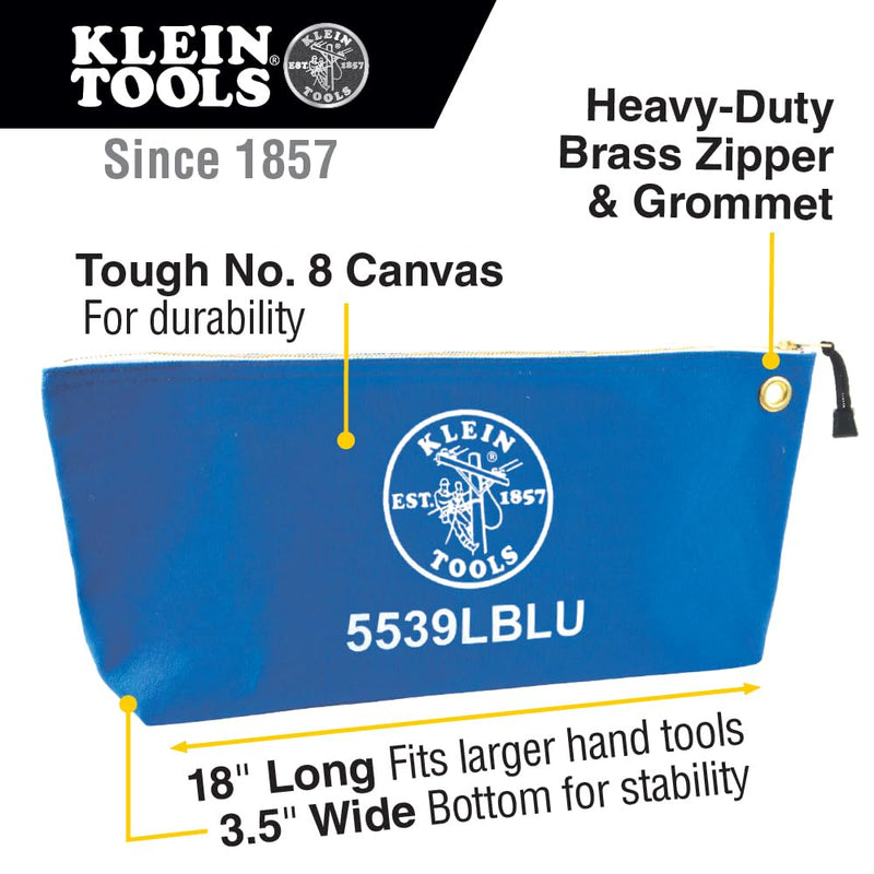 Klein Tools 5539LBLU Zipper Bag, Large 16-Inch Canvas Tool Pouch for Tool Storage with Brass Zipper, and Grommet for Hanging, Blue (Pack of 3) Large (Pack of 3)