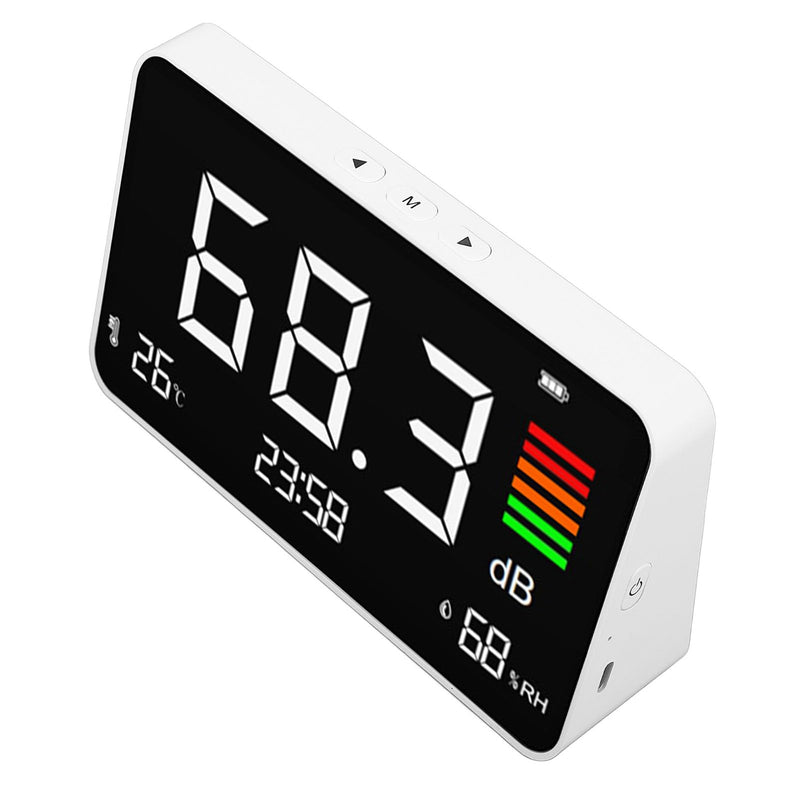 Decibel Measuring Desktop Tester with LED Display, 30 to 130 dB Sound Level Meter Display Noise, Temperature and Humidity, Noise Meter for Home, Studio, Factory
