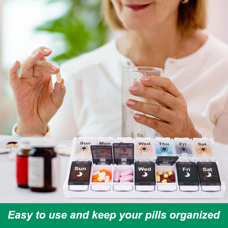 [Australia - AusPower] - Shintop Pill Organizer 2 Times a Day, Easy Fill Weekly Pill Box Am Pm Push Button Pill Container 7 Day Medicine Organizer for Vitamins Supplements ?Black&White? Black&white 