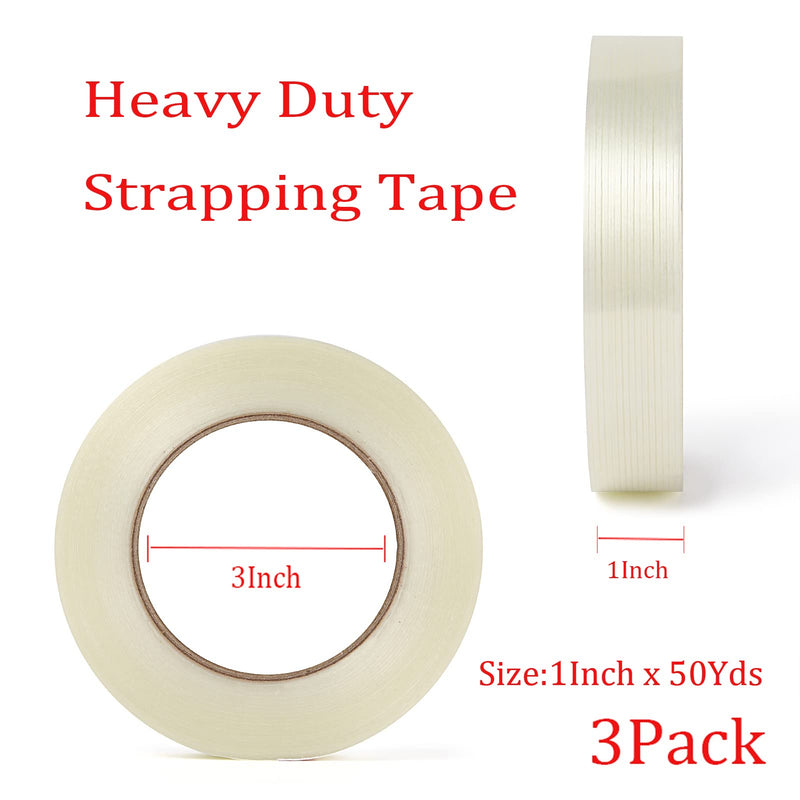 [Australia - AusPower] - Strapping Tape 3Pack 5.5Mil x 1in x 50yds Strapping Tape 1 inch Heavy Duty Strong Tape Fiberglass Reinforced Filament Tape 3 