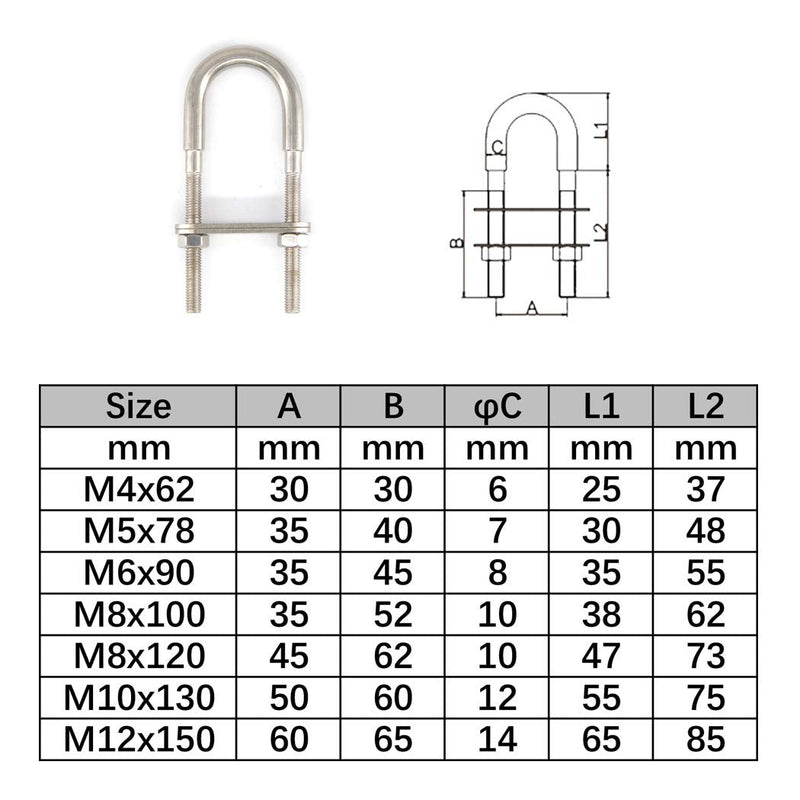 [Australia - AusPower] - 304 Stainless Steel U Bolt Set M5x78 Marine Boat Deck Hardware 4PCS 