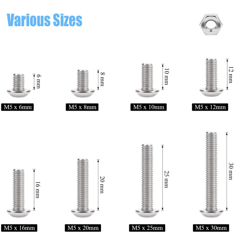 [Australia - AusPower] - DYWISHKEY 195 Pieces M5 x 6mm/8mm/10mm /12mm/16mm/20mm/25mm/30mm Stainless Steel 304 Hex Button Head Cap Bolts and Nuts Kit 