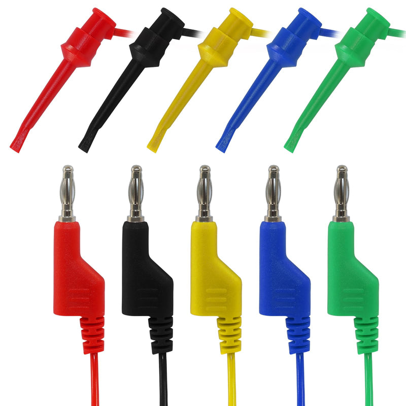 [Australia - AusPower] - 5 Pcs 4mm Stackable Banana Plug to Test Hook Wire Cable Kit, Multimeter Test Lead Set， Protective Hook Flexible Electrical Testing Wire Leads for Multimeter Electrical Testing 500V/5A 5 Colors 