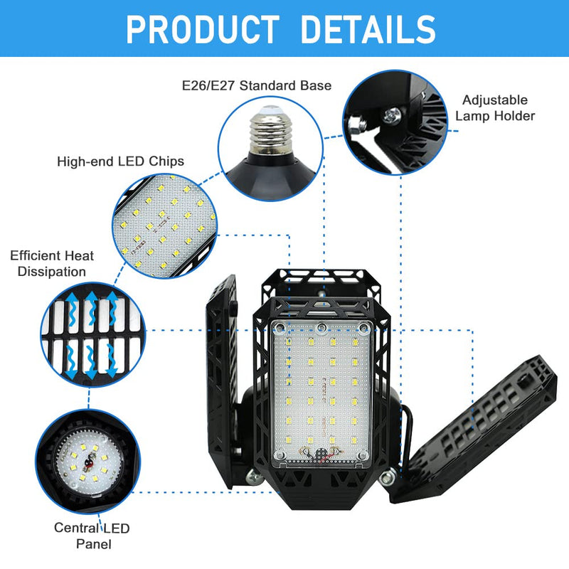 [Australia - AusPower] - LED Garage Light,150W Deformable LED Garage Ceiling Lights,15000LM Garage Lights with 4 Adjustable Panels, E26/E27 LED Shop Lights for Garage, Basement, Barn, Workshop,High Bay Light 4+1P 1Pack/F 