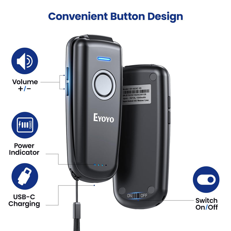 Eyoyo Mini Barcode Scanner Wireless: Portable 3-in-1 Bluetooth Bar Code Scanner with Battery Level Indicator, USB CCD Image Reader for Small Business Compatible with iPhone iPad Android POS Computer Gray